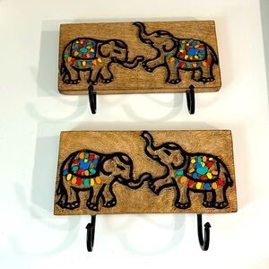 2 Wall hangings. Total of 4 hooks. Colorful Elephants. Trunk Up!